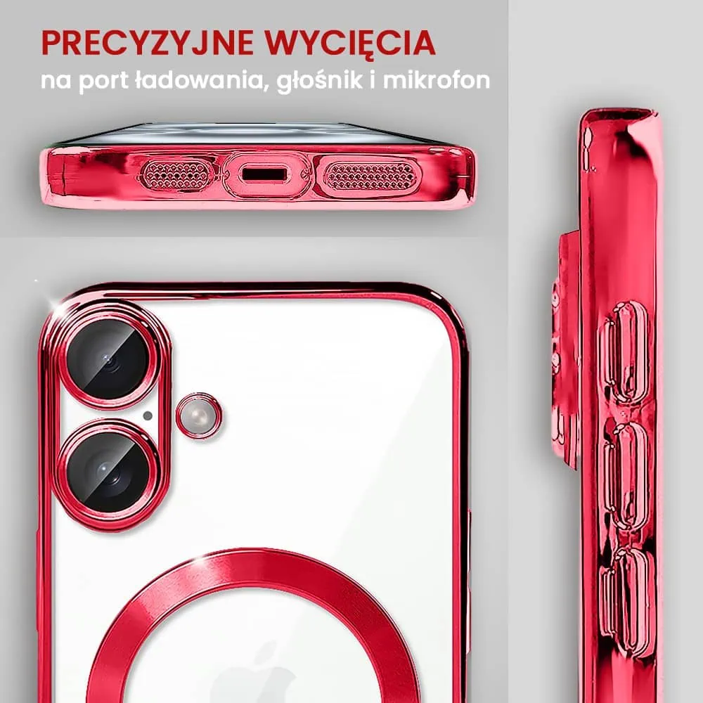 Etui do iPhone 16 MagSafe Luxury Protect przeźroczyste, hybrydowa ochrona kamery, czerwone