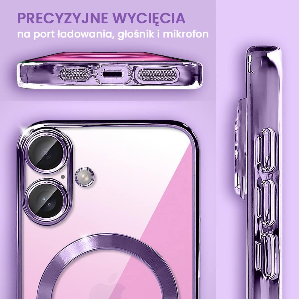 Etui do iPhone 16 MagSafe Luxury Protect przeźroczyste, hybrydowa ochrona kamery, fioletowe