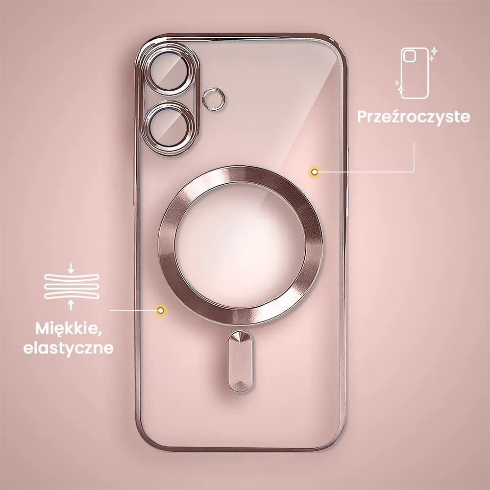 Etui do iPhone 16 MagSafe Luxury Protect przeźroczyste, hybrydowa ochrona kamery, różowe złoto