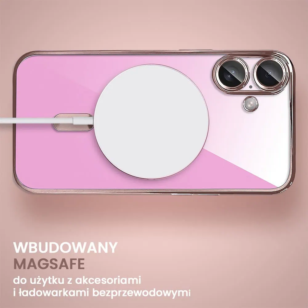 Etui do iPhone 16 MagSafe Luxury Protect przeźroczyste, hybrydowa ochrona kamery, różowe złoto