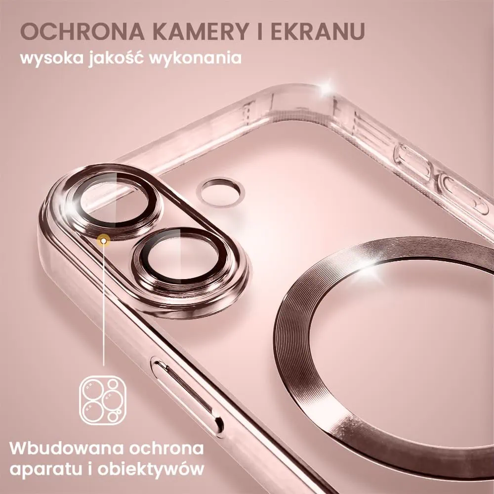 Etui do iPhone 16 MagSafe Luxury Protect przeźroczyste, hybrydowa ochrona kamery, różowe złoto