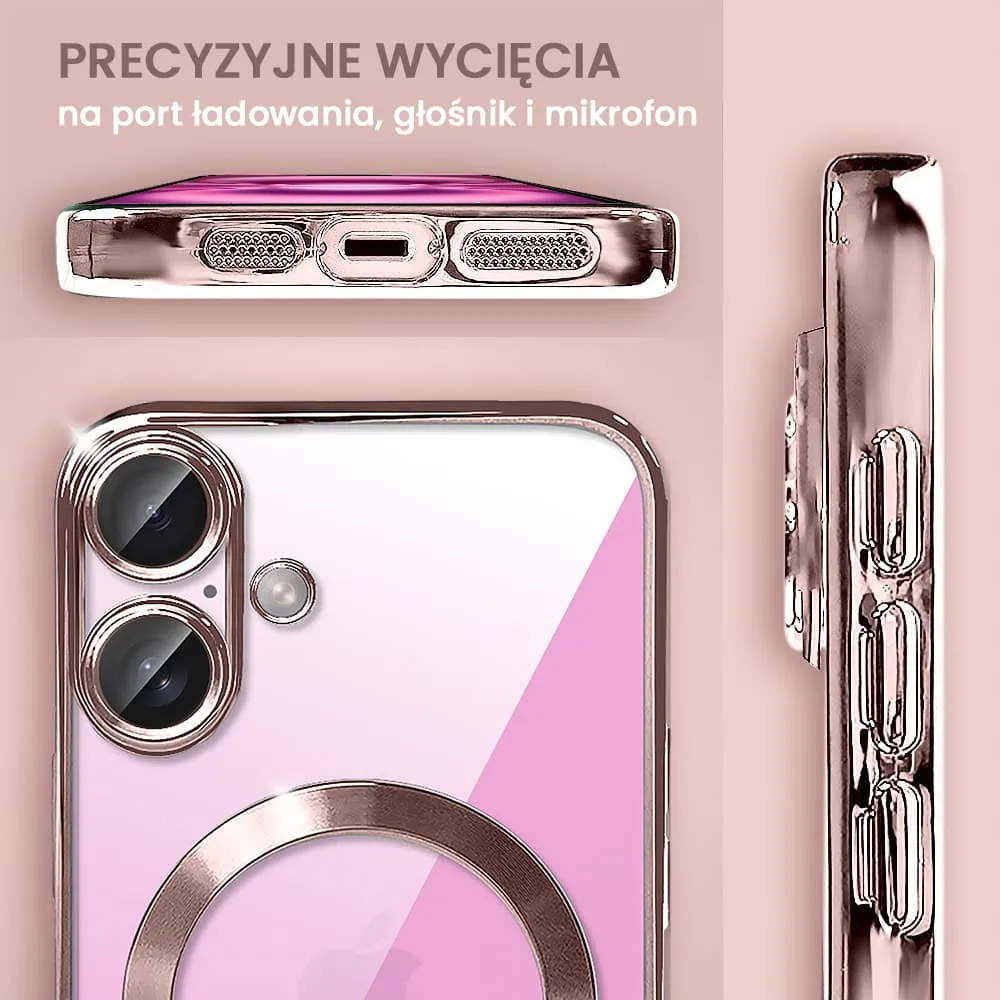 Etui do iPhone 16 MagSafe Luxury Protect przeźroczyste, hybrydowa ochrona kamery, różowe złoto