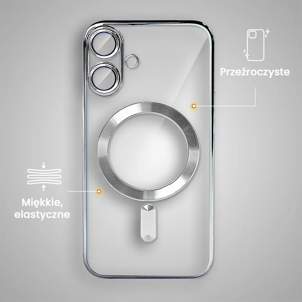 Etui do iPhone 16 MagSafe Luxury Protect przeźroczyste, hybrydowa ochrona kamery, srebrne