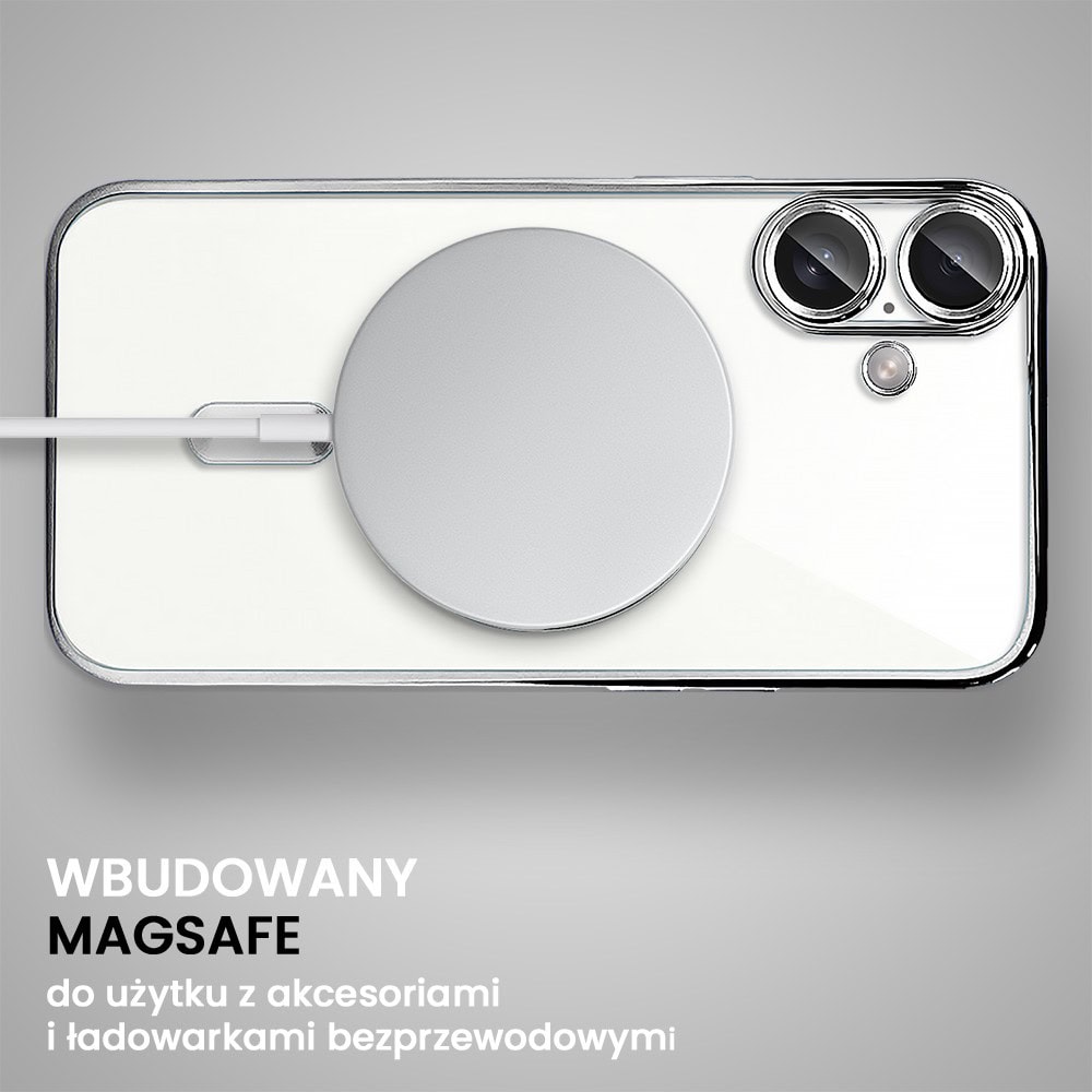 Etui do iPhone 16 MagSafe Luxury Protect przeźroczyste, hybrydowa ochrona kamery, srebrne