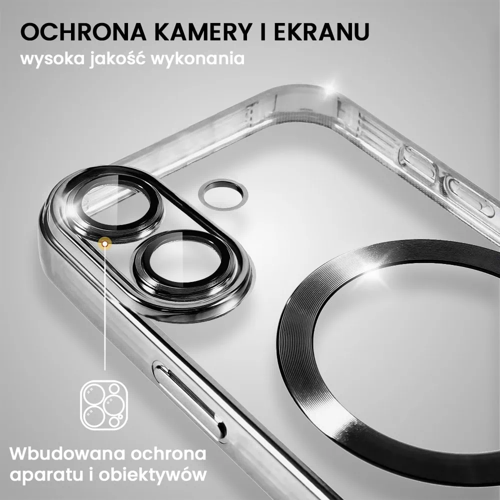 Etui do iPhone 16 MagSafe Luxury Protect przeźroczyste, hybrydowa ochrona kamery, srebrne