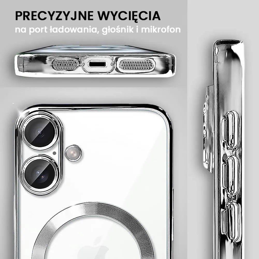 Etui do iPhone 16 MagSafe Luxury Protect przeźroczyste, hybrydowa ochrona kamery, srebrne