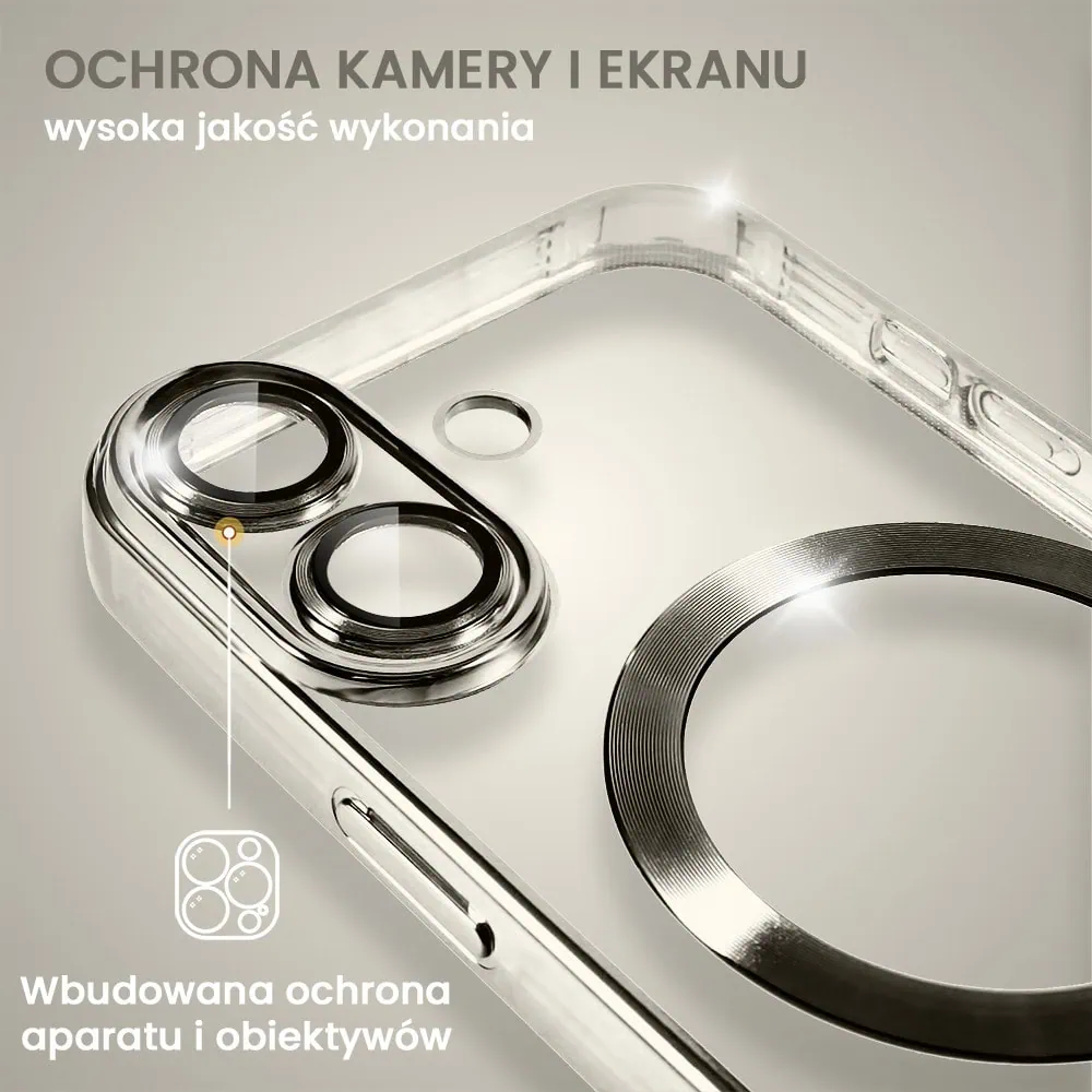 Etui do iPhone 16 MagSafe Luxury Protect przeźroczyste, hybrydowa ochrona kamery, tytanowe