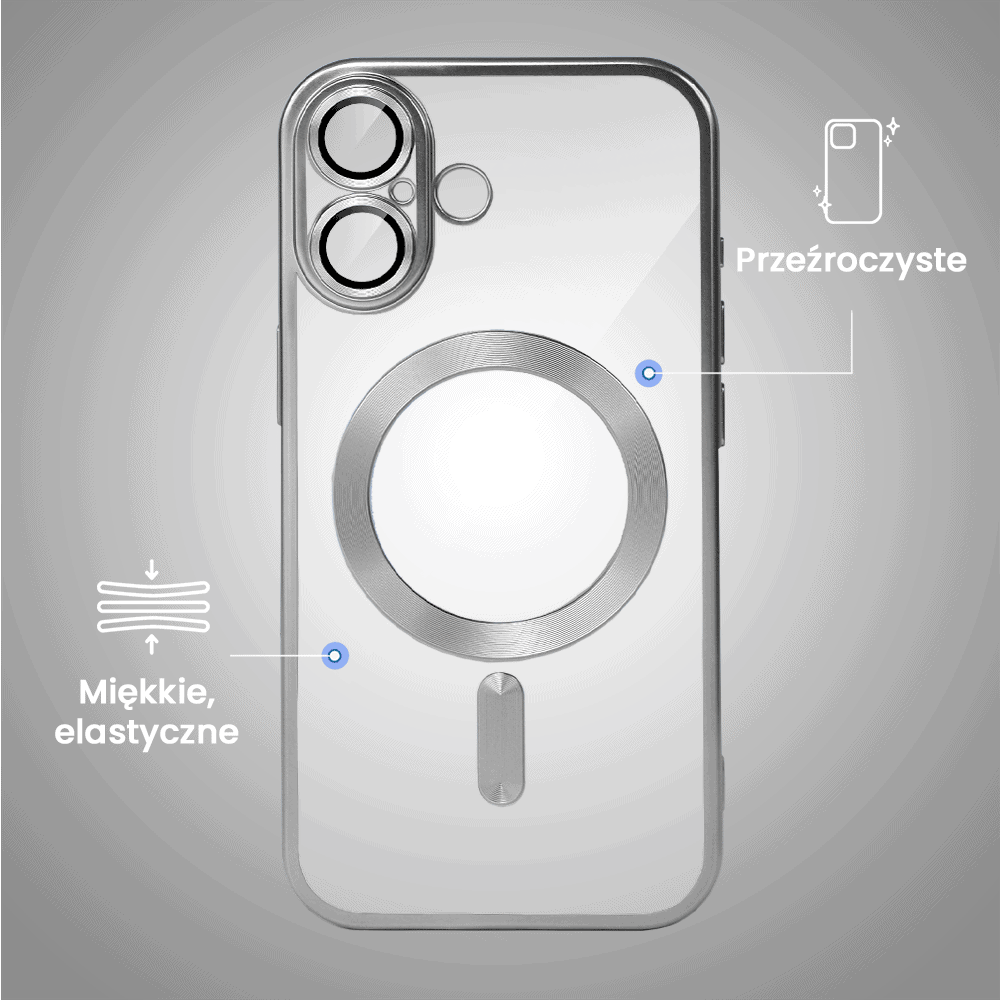 Etui do iPhone 16 MagSafe Luxury Protect przeźroczyste, z osłoną aparatu, Titanium Finish, srebrne