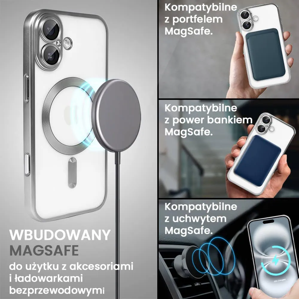 Etui do iPhone 16 MagSafe Luxury Protect przeźroczyste, z osłoną aparatu, Titanium Finish, srebrne