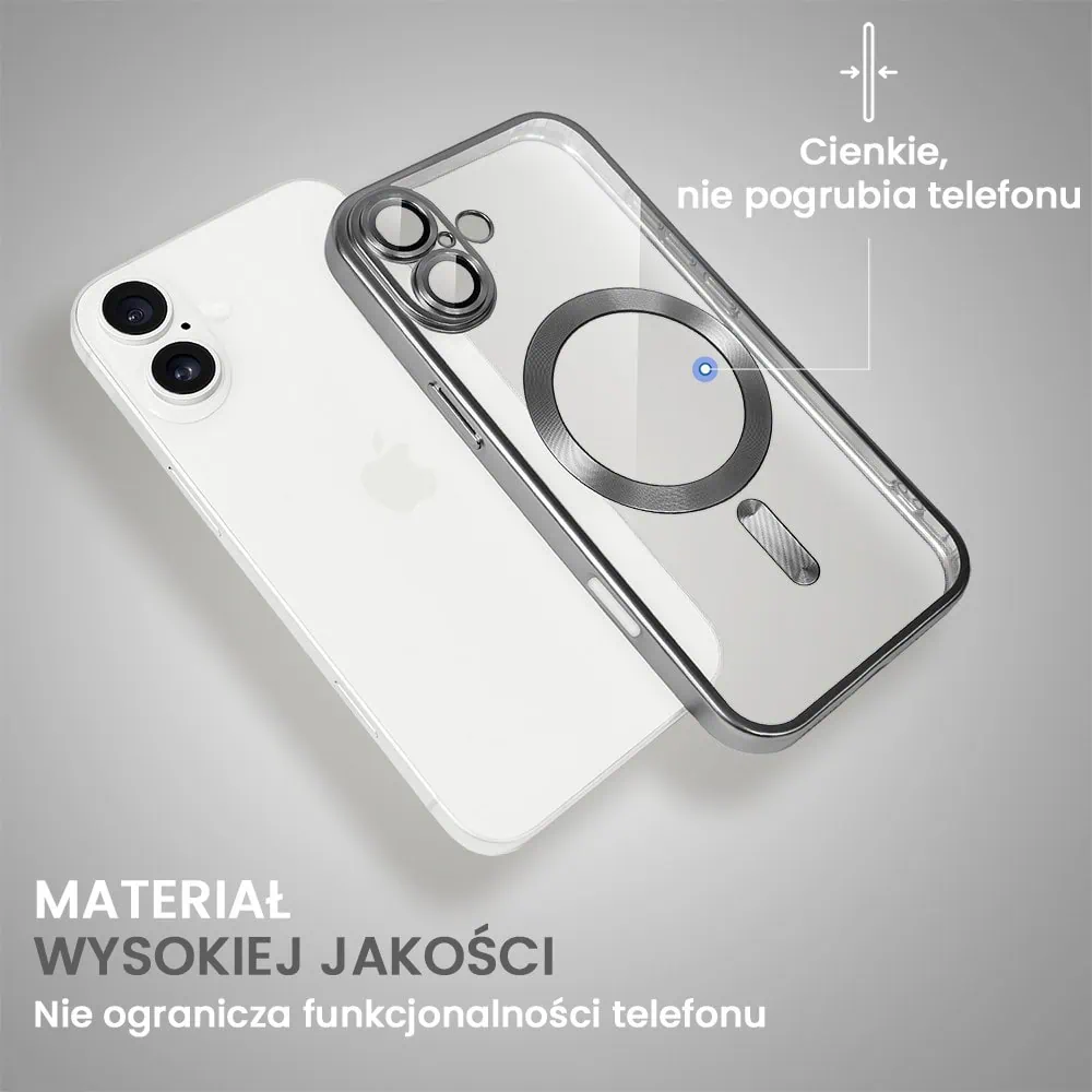 Etui do iPhone 16 MagSafe Luxury Protect przeźroczyste, z osłoną aparatu, Titanium Finish, srebrne