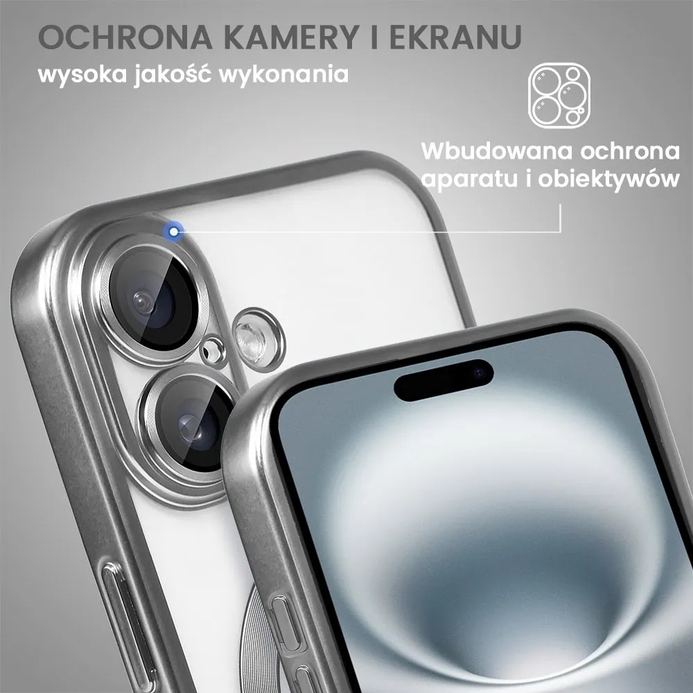 Etui do iPhone 16 MagSafe Luxury Protect przeźroczyste, z osłoną aparatu, Titanium Finish, srebrne