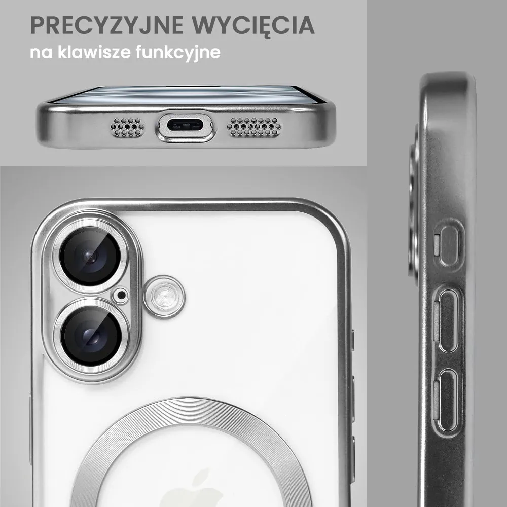 Etui do iPhone 16 MagSafe Luxury Protect przeźroczyste, z osłoną aparatu, Titanium Finish, srebrne