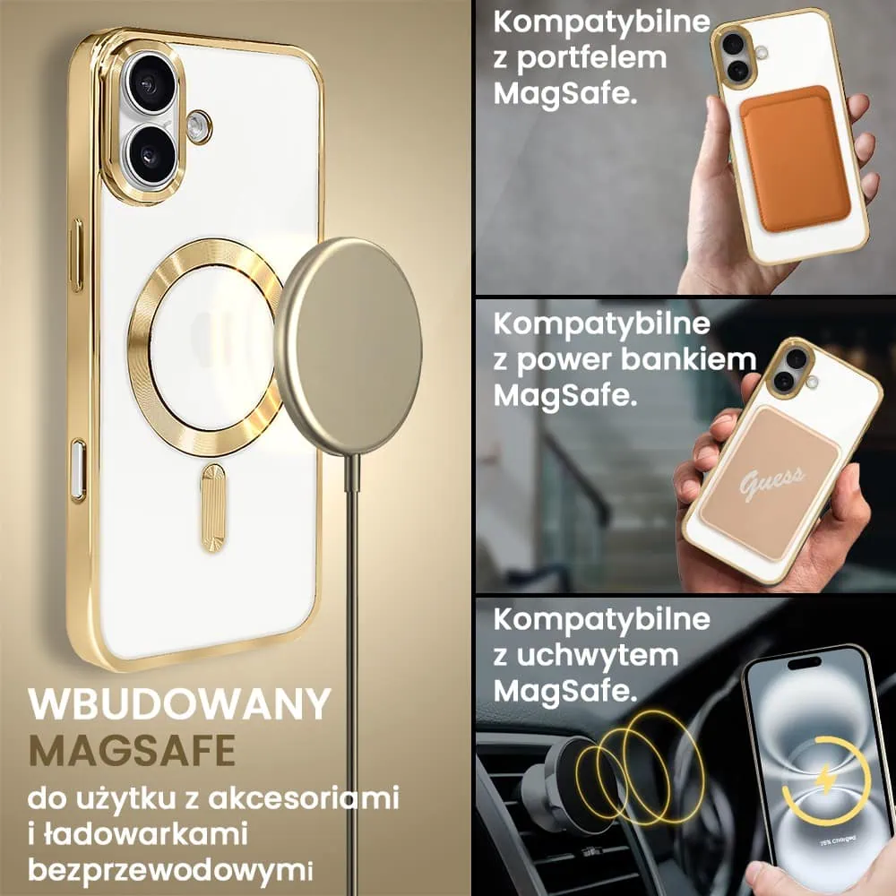 Etui do iPhone 16 MagSafe Luxury, przeźroczyste, złote