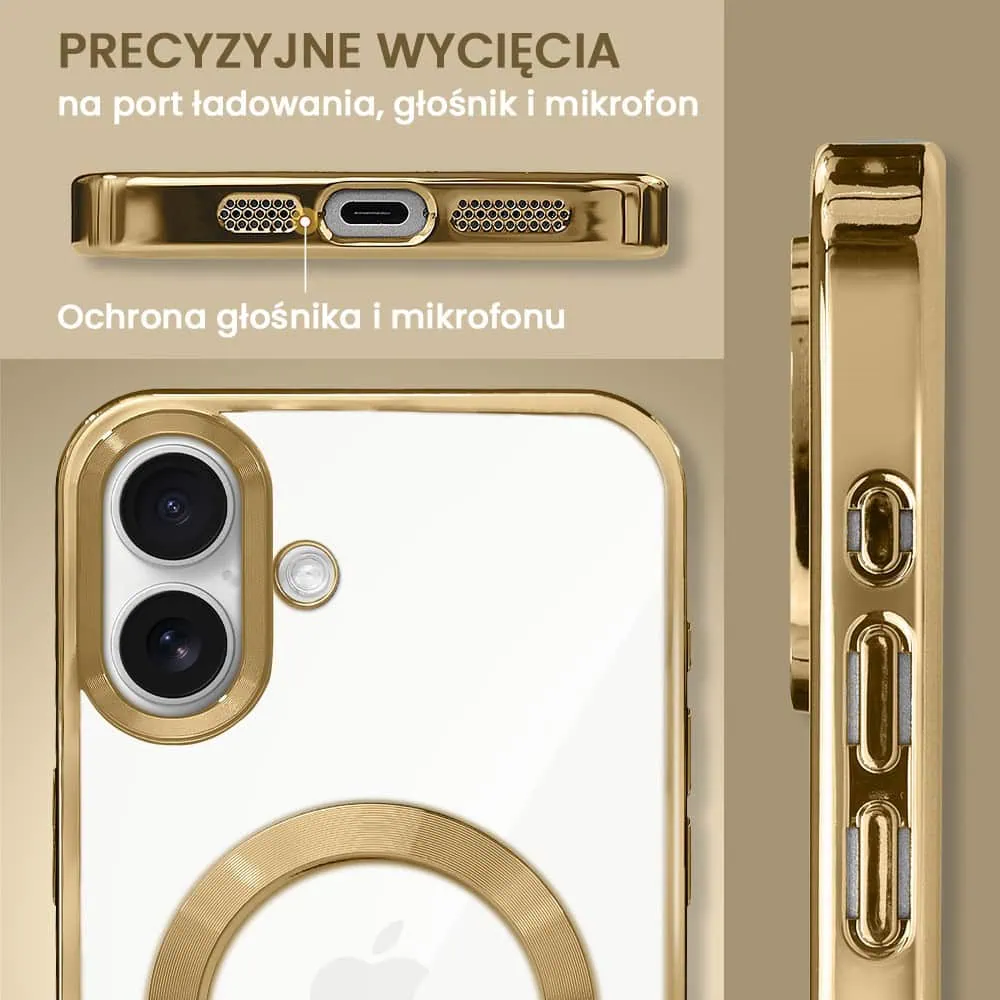 Etui do iPhone 16 MagSafe Luxury, przeźroczyste, złote