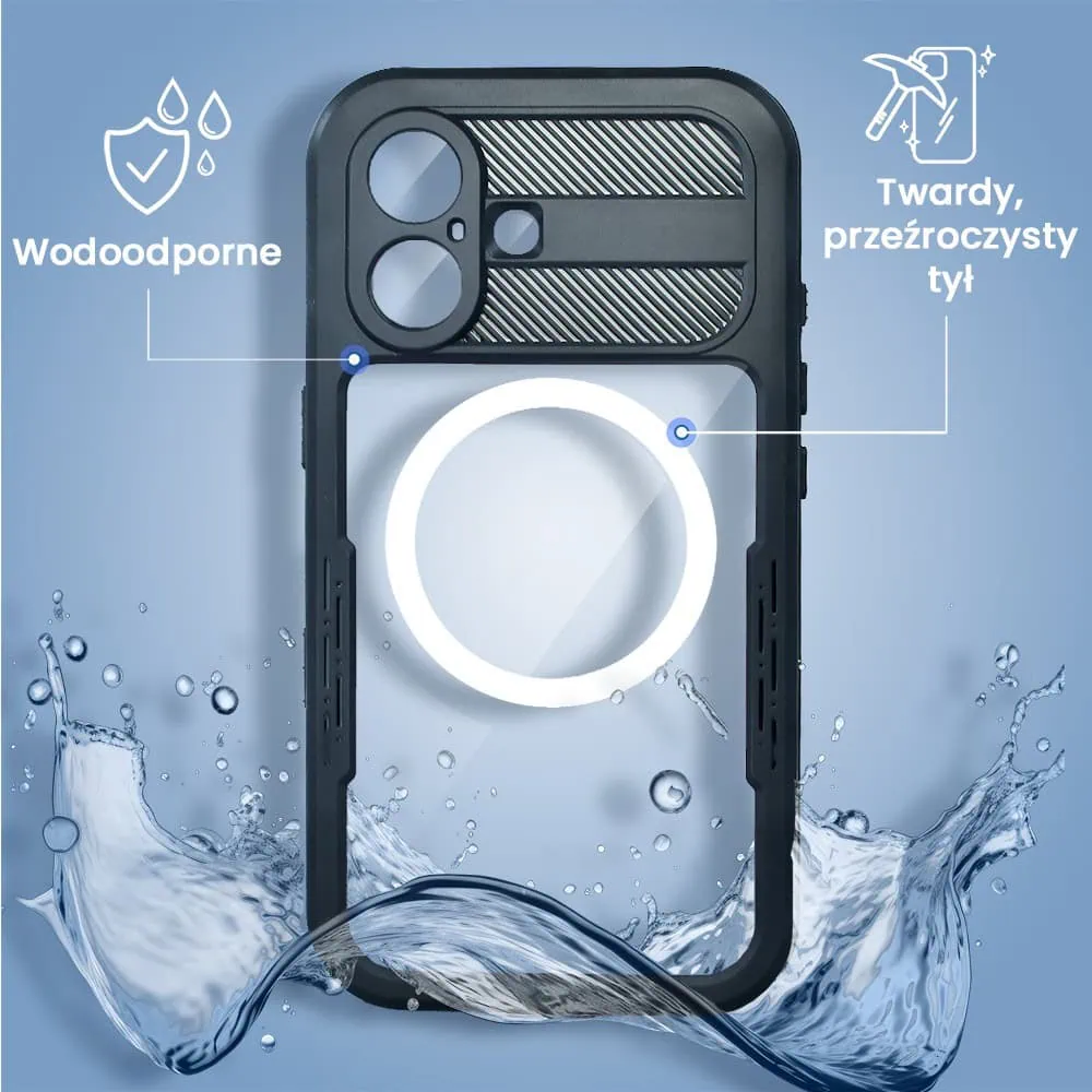 Etui do iPhone 16 Plus TOTAL Protect z Magsafe, wodoodporne, metalowe, przeźroczyste, czarne
