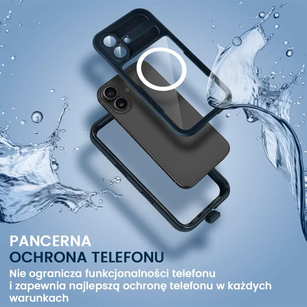 Etui do iPhone 16 Plus TOTAL Protect z Magsafe, wodoodporne, metalowe, przeźroczyste, czarne