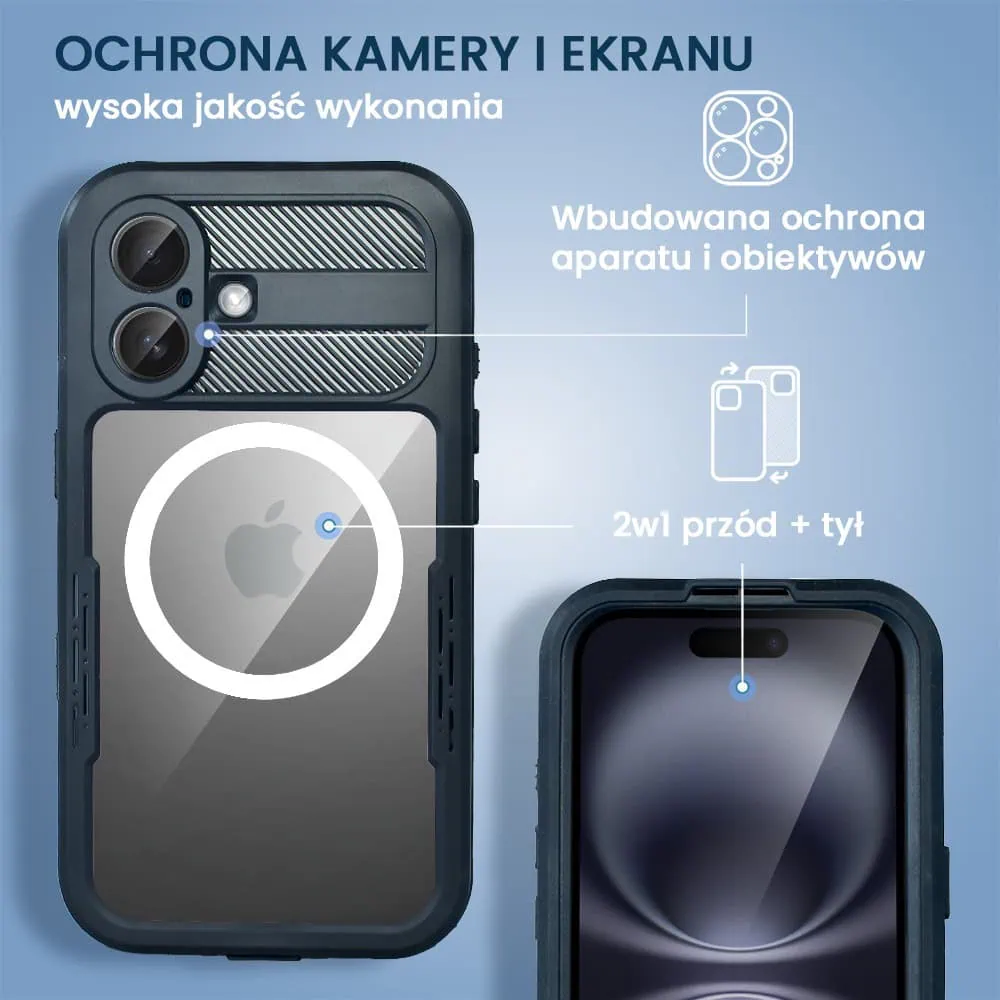 Etui do iPhone 16 Plus TOTAL Protect z Magsafe, wodoodporne, metalowe, przeźroczyste, czarne