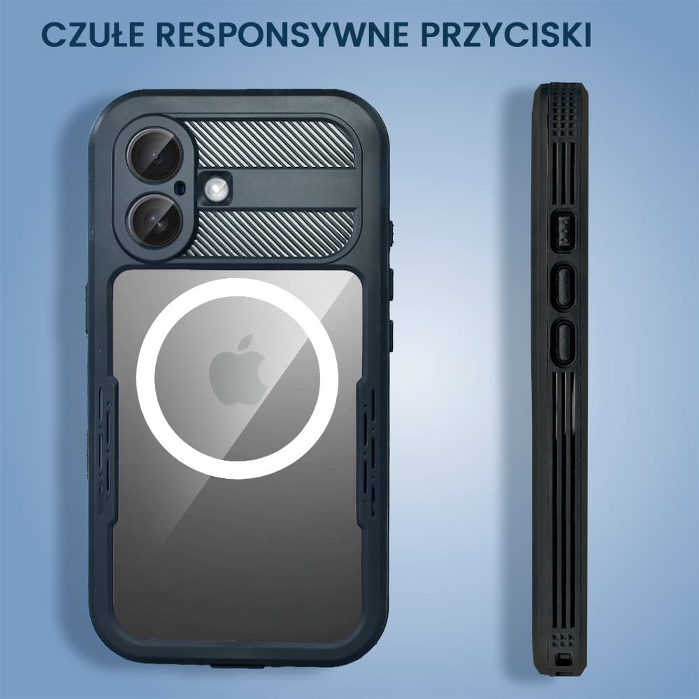 Etui do iPhone 16 Plus TOTAL Protect z Magsafe, wodoodporne, metalowe, przeźroczyste, czarne