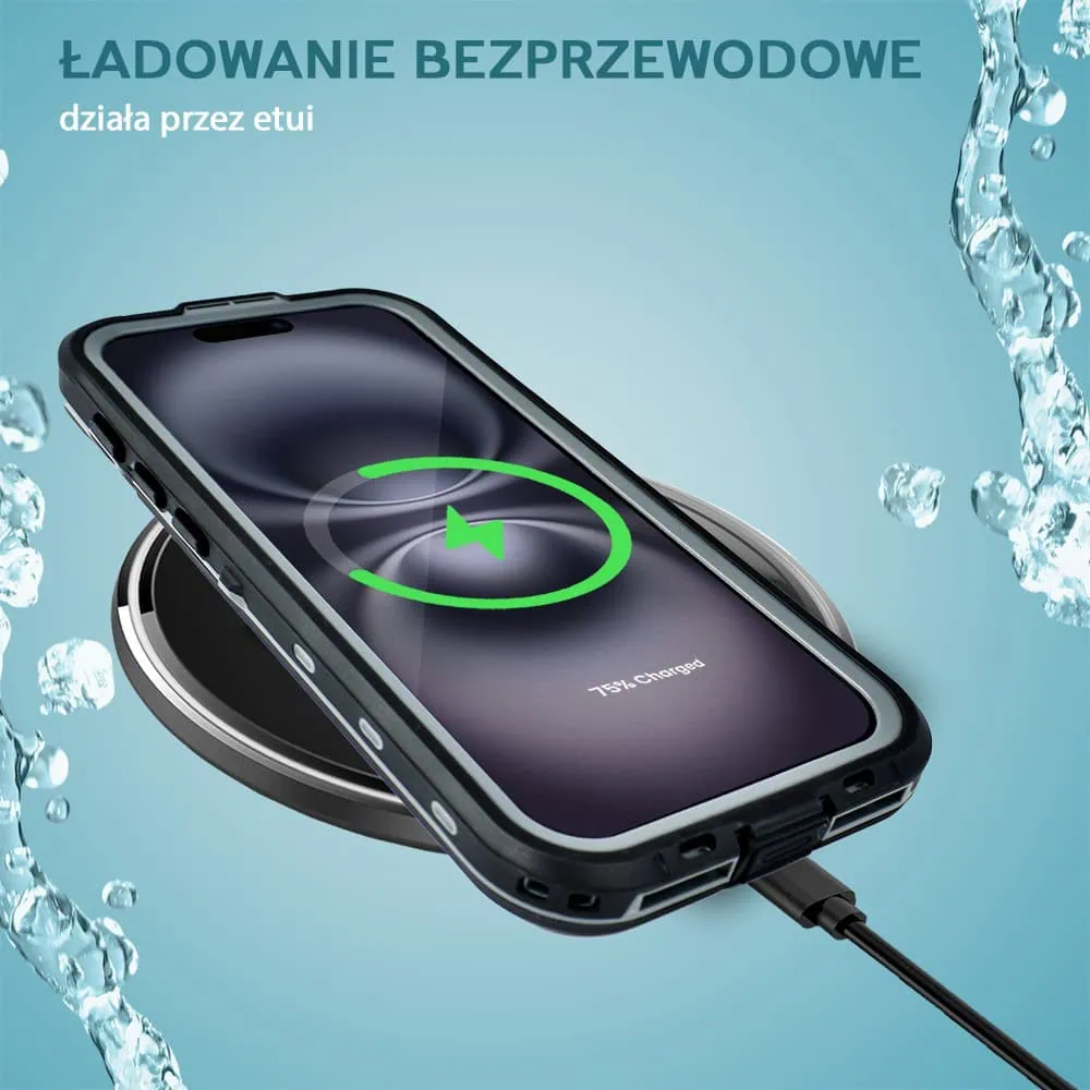 Etui do iPhone 16 Plus wodoodporne z MagSafe, pancerne, przeźroczyste, czarne