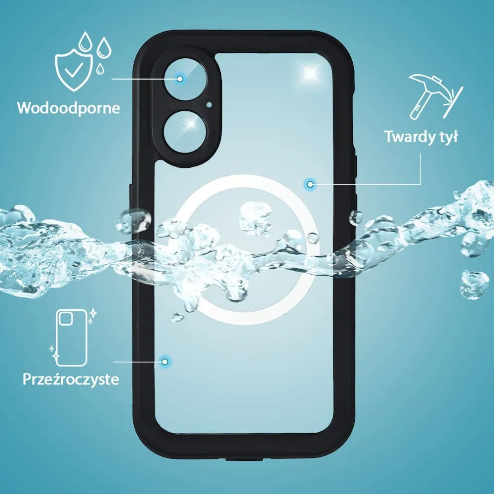 Etui do iPhone 16 Plus wodoodporne z MagSafe, pancerne, przeźroczyste, czarne