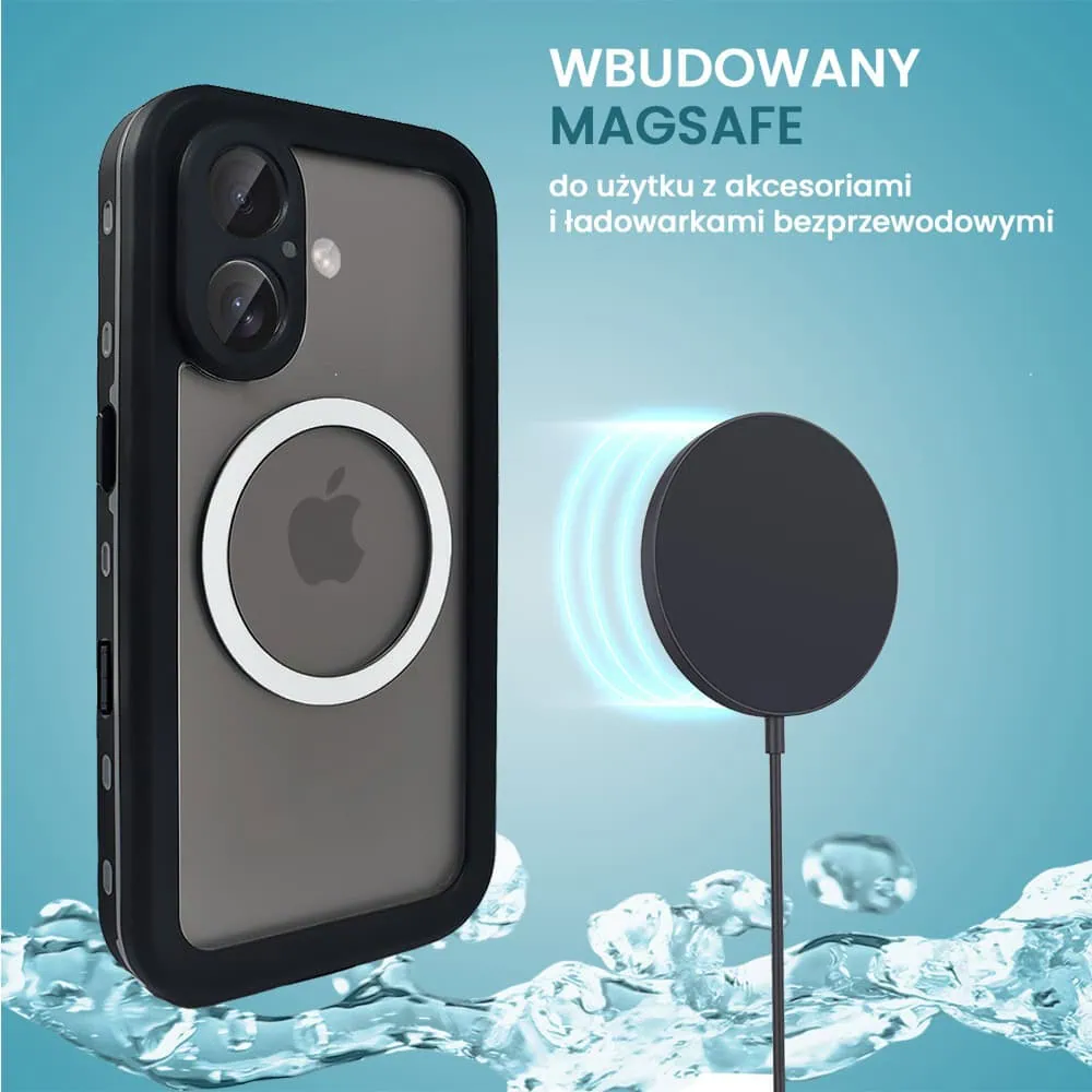 Etui do iPhone 16 Plus wodoodporne z MagSafe, pancerne, przeźroczyste, czarne