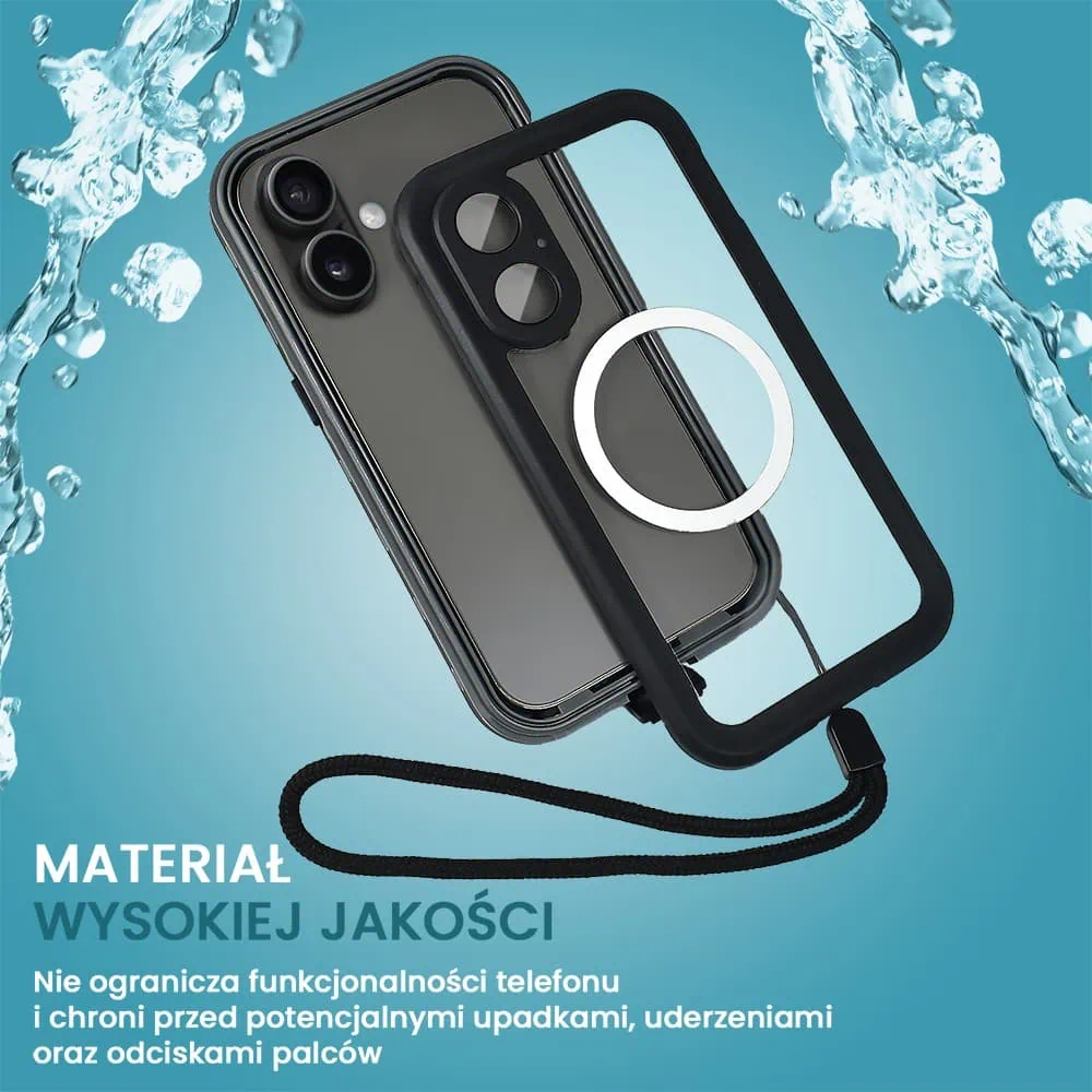 Etui do iPhone 16 Plus wodoodporne z MagSafe, pancerne, przeźroczyste, czarne