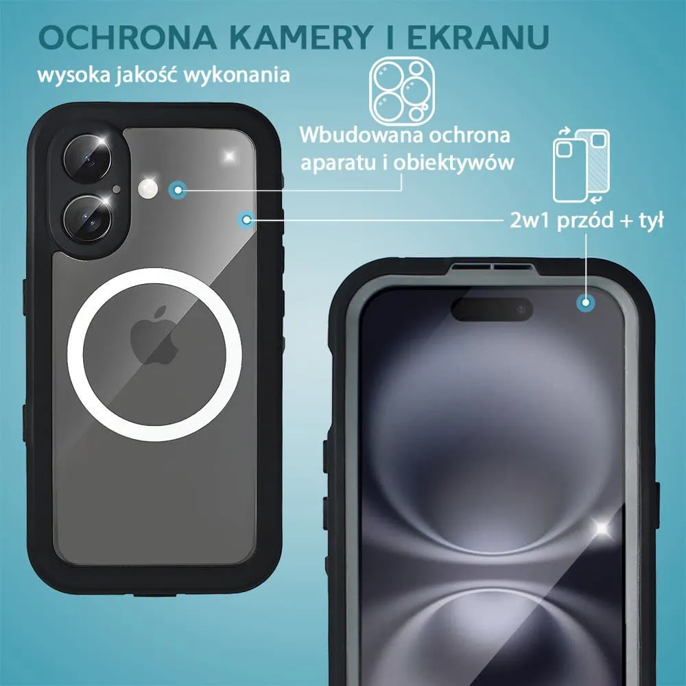Etui do iPhone 16 Plus wodoodporne z MagSafe, pancerne, przeźroczyste, czarne
