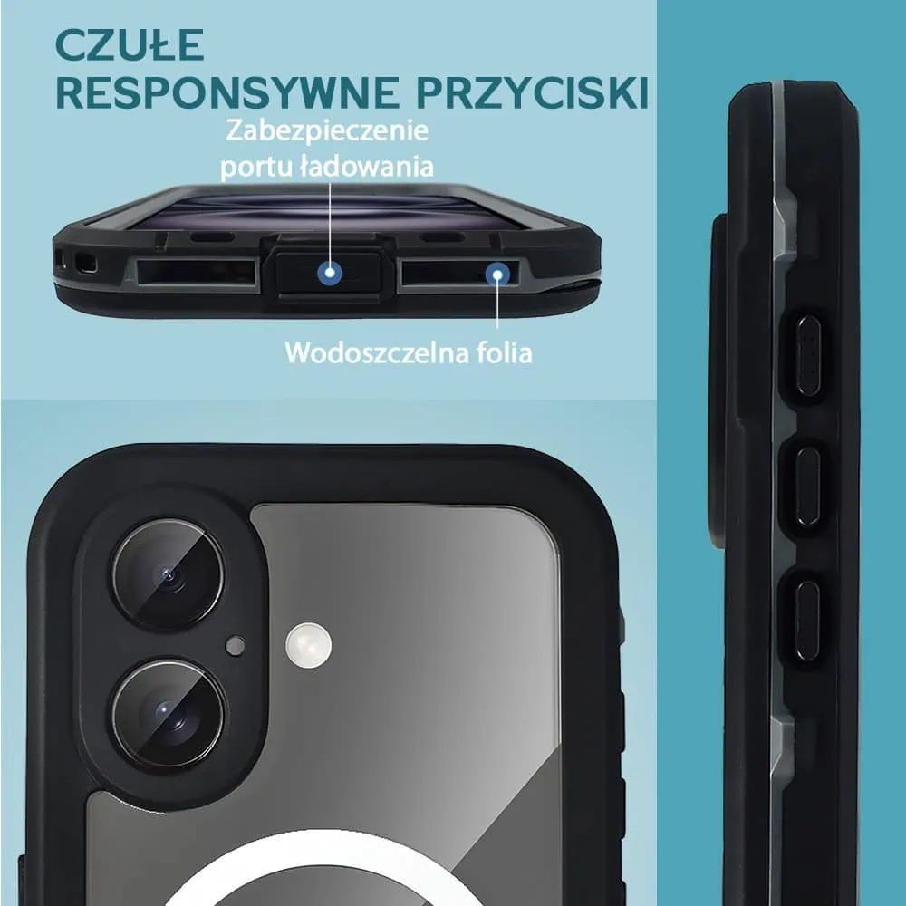 Etui do iPhone 16 Plus wodoodporne z MagSafe, pancerne, przeźroczyste, czarne