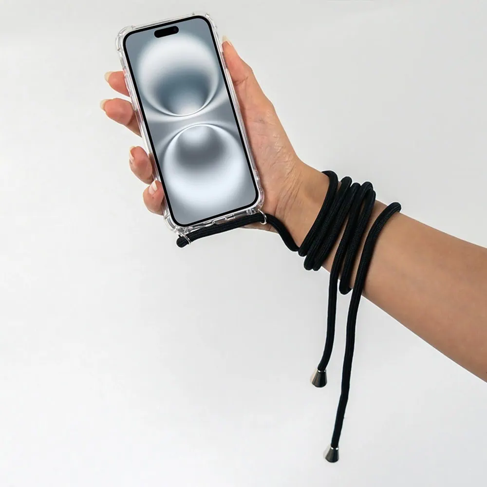 Etui do iPhone 16 wzmacniane crossbody z czarną smyczą jak torebka, przeźroczyste (OUTLET)