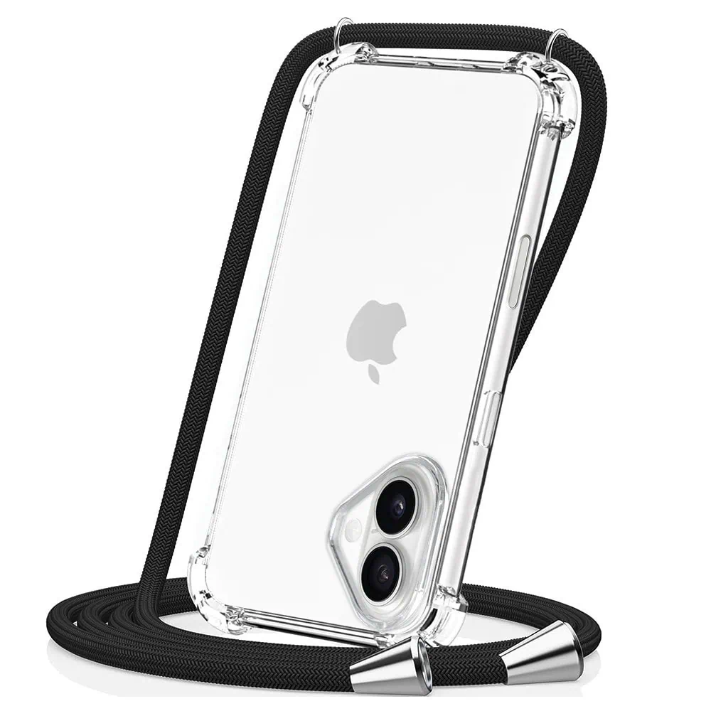 Etui do iPhone 16 wzmacniane crossbody z czarną smyczą jak torebka, przeźroczyste (OUTLET)