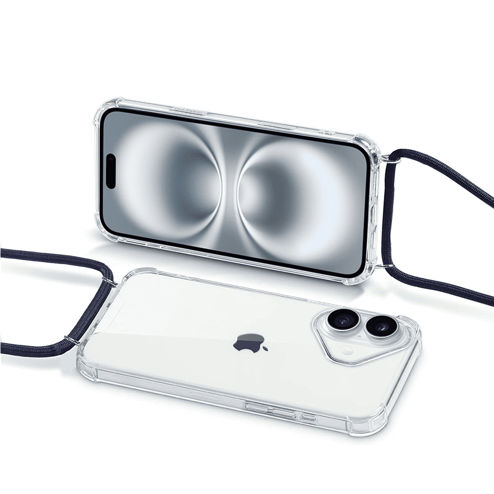 Etui do iPhone 16 wzmacniane crossbody z czarną smyczą jak torebka, przeźroczyste (OUTLET)