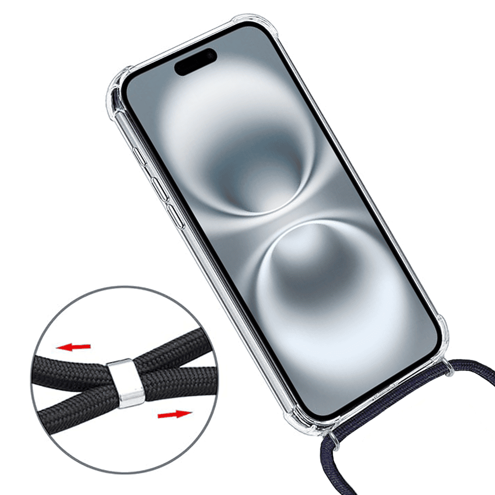 Etui do iPhone 16 wzmacniane crossbody z czarną smyczą jak torebka, przeźroczyste (OUTLET)