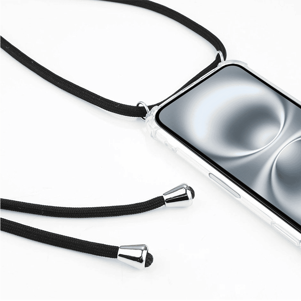 Etui do iPhone 16 wzmacniane crossbody z czarną smyczą jak torebka, przeźroczyste (OUTLET)