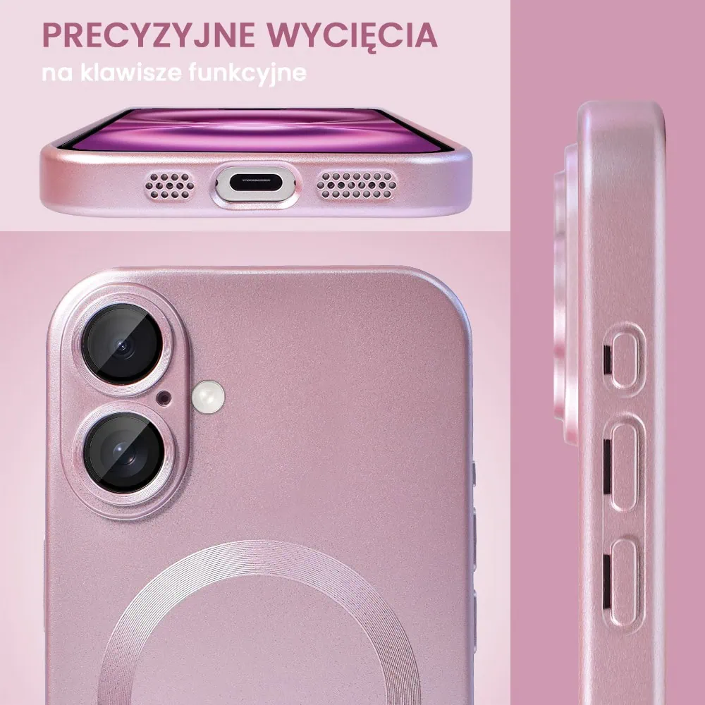 Etui do iPhone 16 Plus z Magsafe, cienkie, metaliczne, z osłoną aparatu, złoty róż