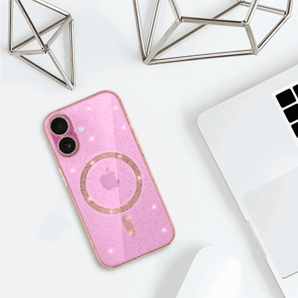 Etui do iPhone 16 z Magsafe, przeźroczyste, błyszczący brokat, różowe