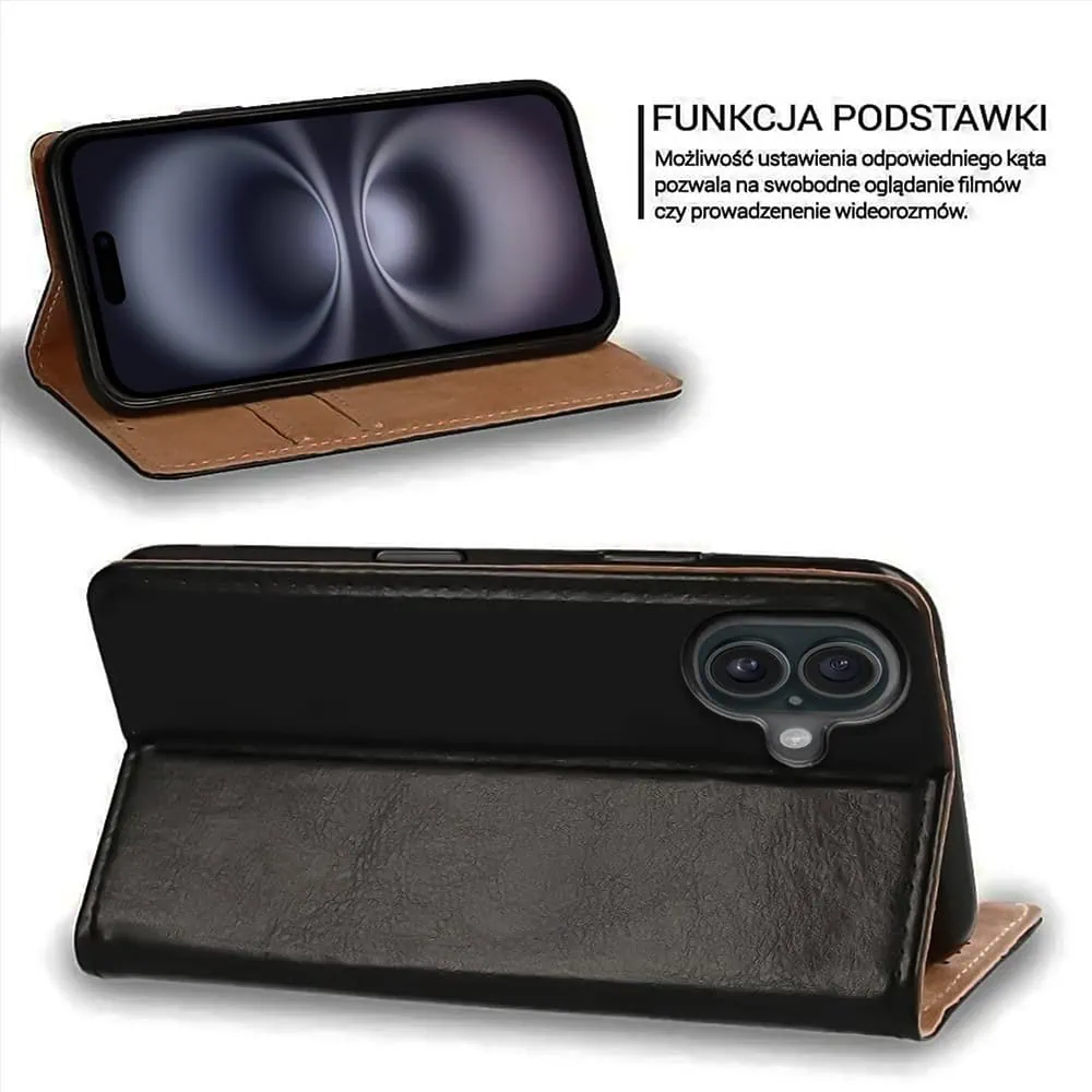 Etui do iPhone 16 Plus zamykane, eleganckie skórzane, czarne