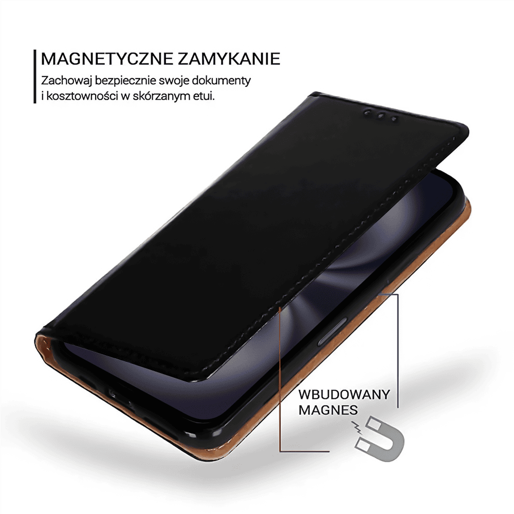Etui do iPhone 16 Plus zamykane, eleganckie skórzane, czarne