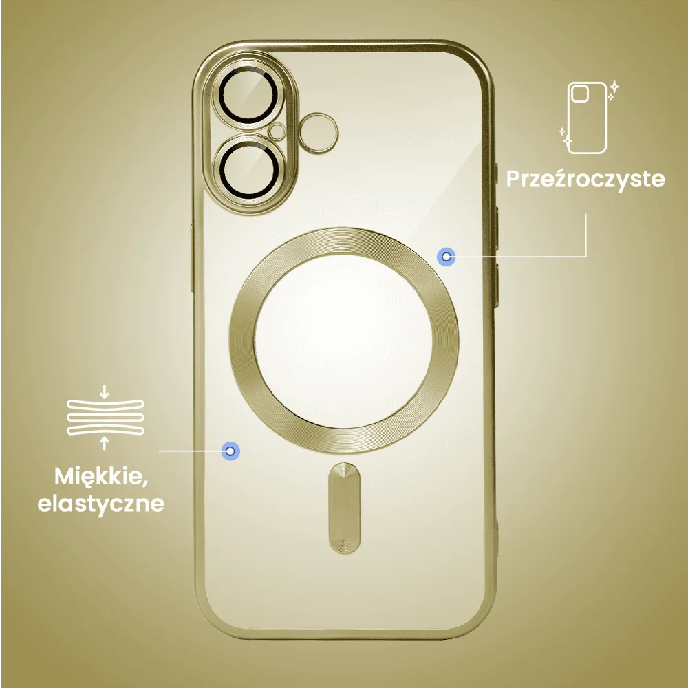 Etui do iPhone 16 MagSafe Luxury Protect przeźroczyste, z osłoną aparatu, Titanium Finish, złoty tytan