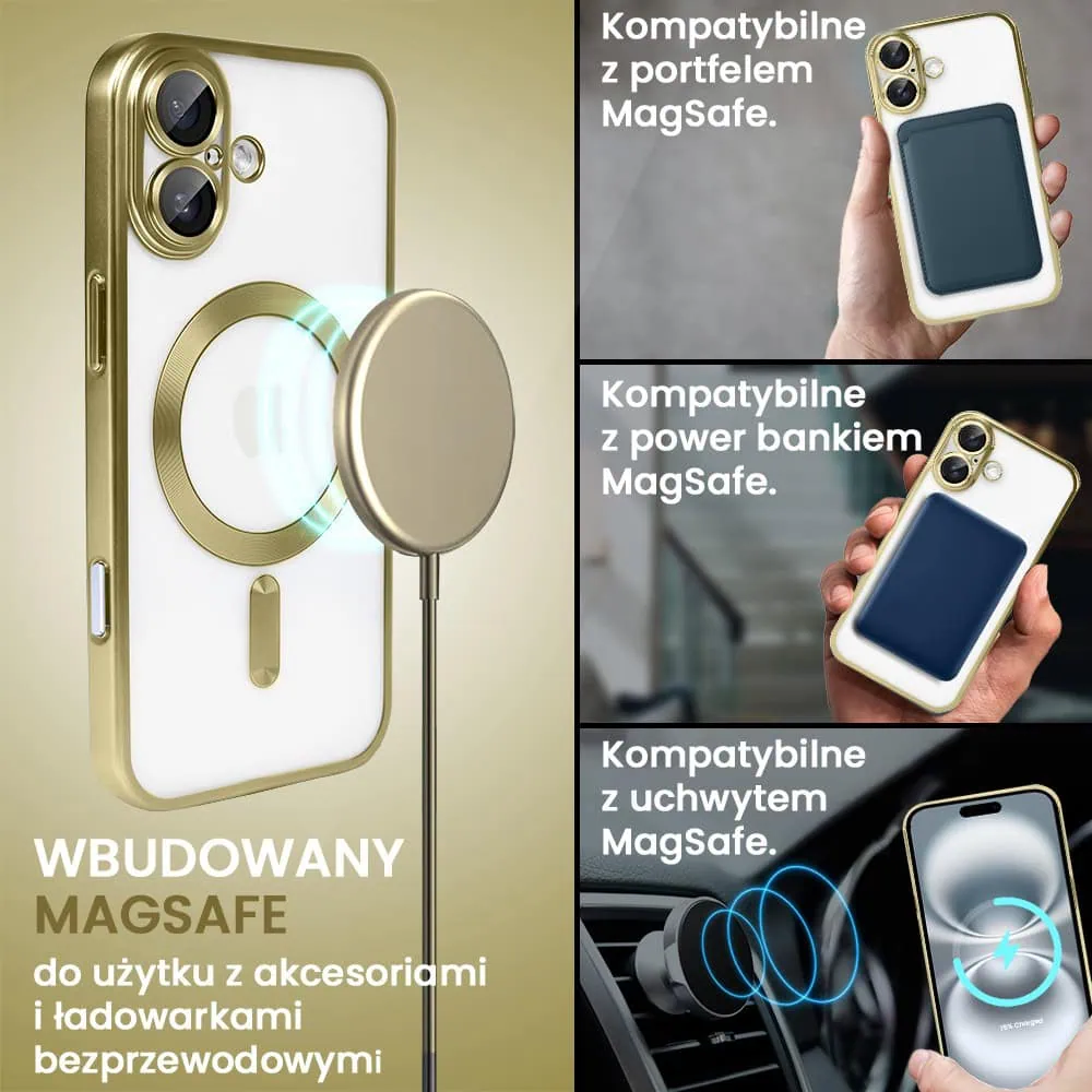 Etui do iPhone 16 MagSafe Luxury Protect przeźroczyste, z osłoną aparatu, Titanium Finish, złoty tytan