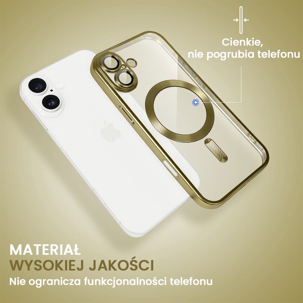 Etui do iPhone 16 MagSafe Luxury Protect przeźroczyste, z osłoną aparatu, Titanium Finish, złoty tytan