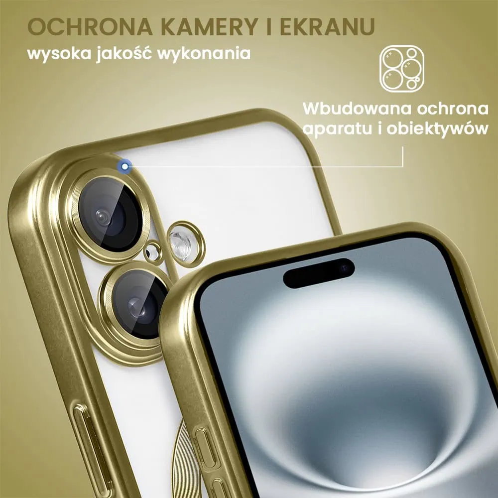 Etui do iPhone 16 MagSafe Luxury Protect przeźroczyste, z osłoną aparatu, Titanium Finish, złoty tytan