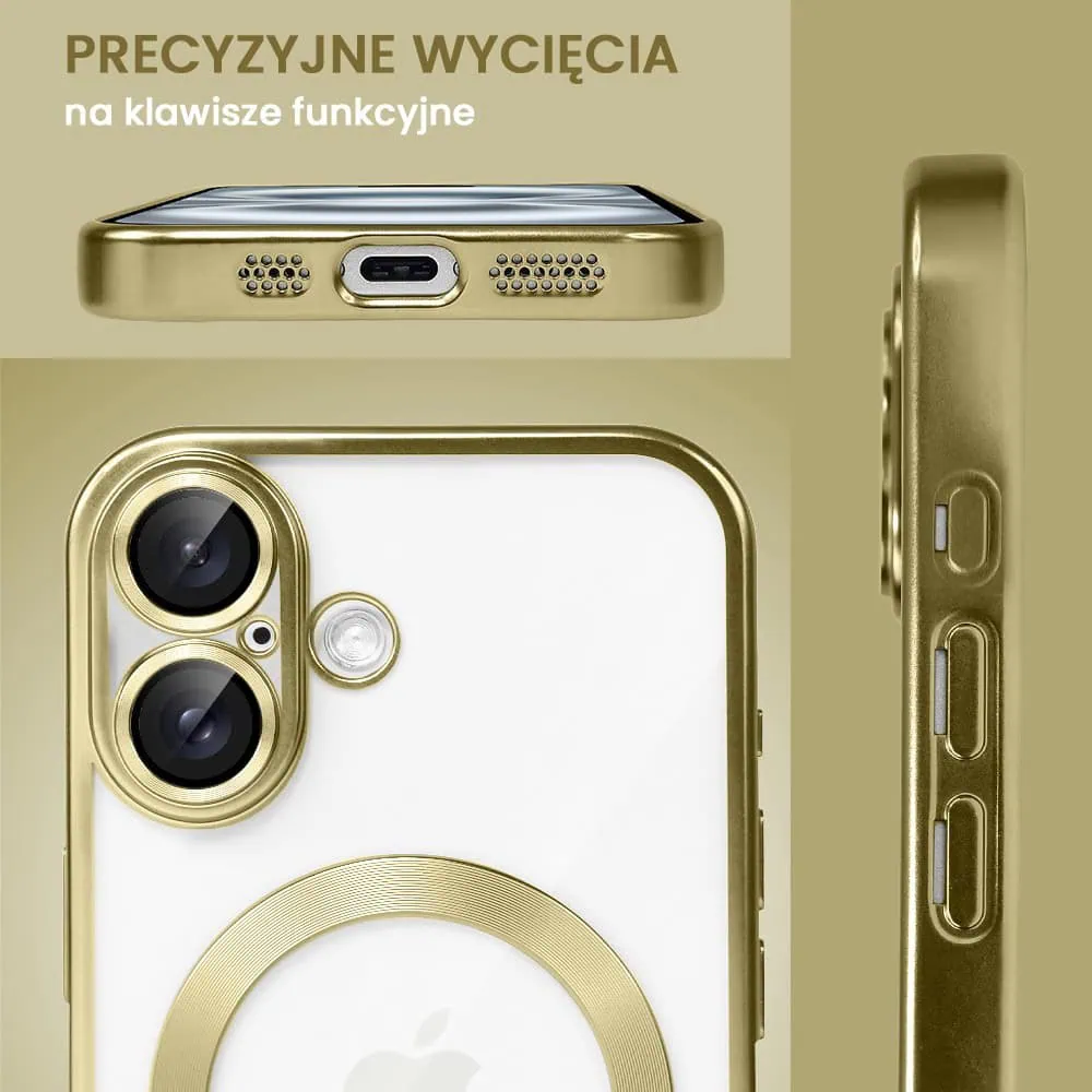 Etui do iPhone 16 MagSafe Luxury Protect przeźroczyste, z osłoną aparatu, Titanium Finish, złoty tytan