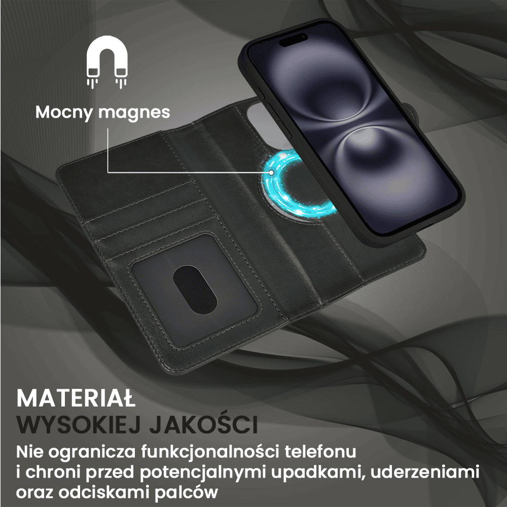 Etui do iPhone 16 3w1 Magsafe Double Book, zestaw etui oraz kabura z podstawką, czarne