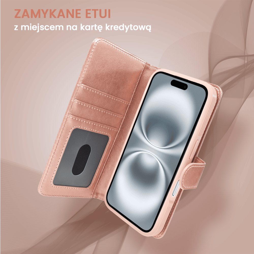 Etui do iPhone 16 3w1 Magsafe Double Book, zestaw etui oraz kabura z podstawką, różowe złoto