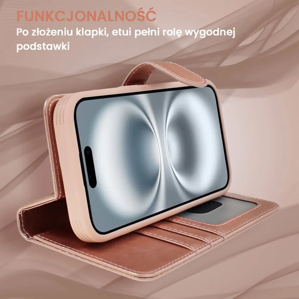 Etui do iPhone 16 3w1 Magsafe Double Book, zestaw etui oraz kabura z podstawką, różowe złoto