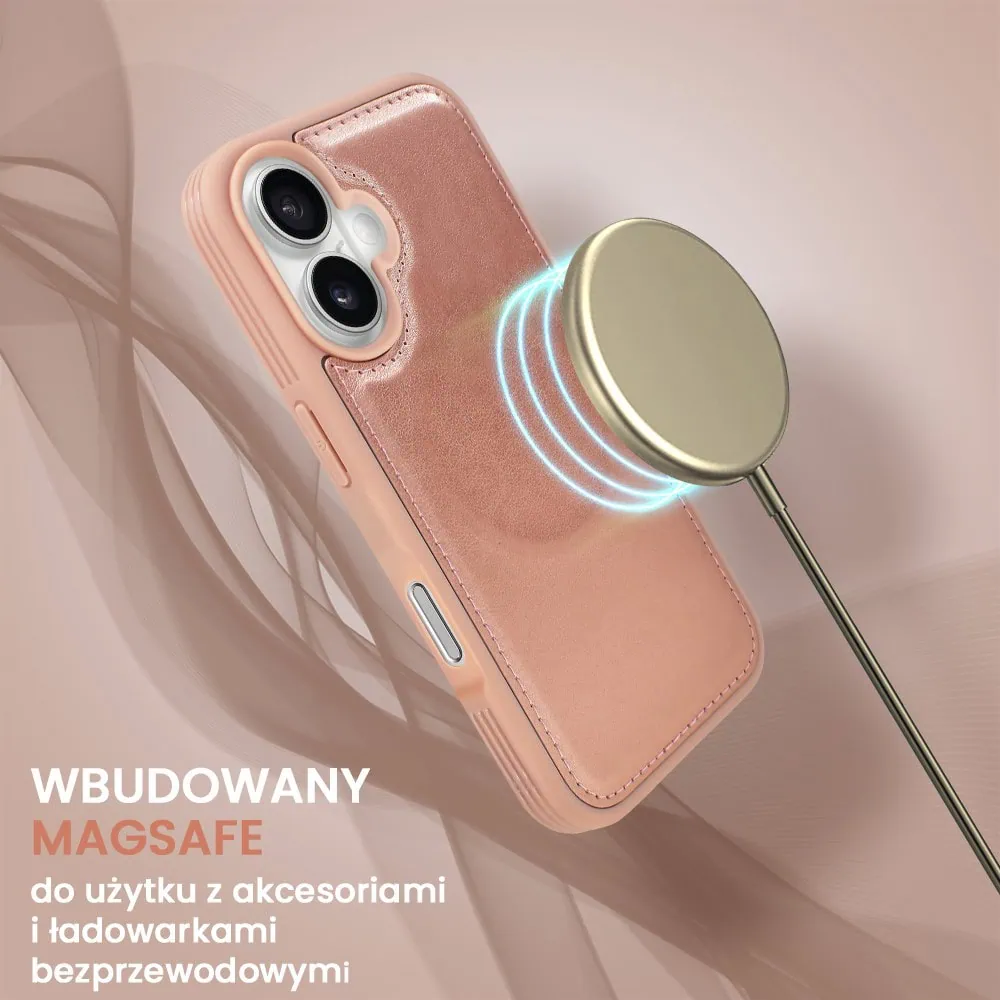 Etui do iPhone 16 3w1 Magsafe Double Book, zestaw etui oraz kabura z podstawką, różowe złoto