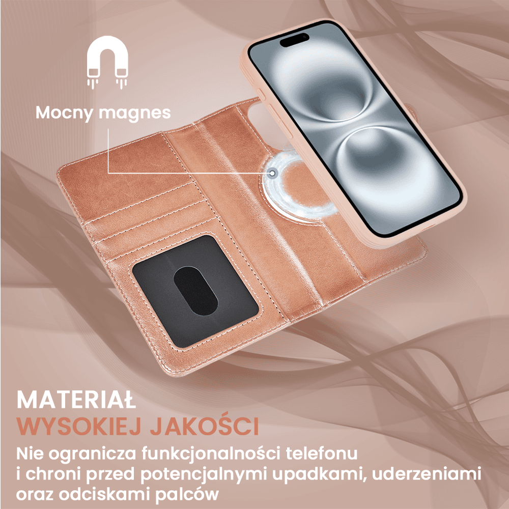 Etui do iPhone 16 3w1 Magsafe Double Book, zestaw etui oraz kabura z podstawką, różowe złoto