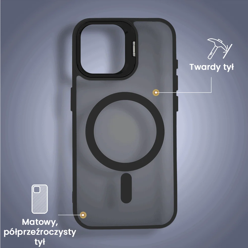 Etui do iPhone 16 Plus Arctic Stand, półprzeźroczyste, z osłoną aparatu i podstawką, czarne