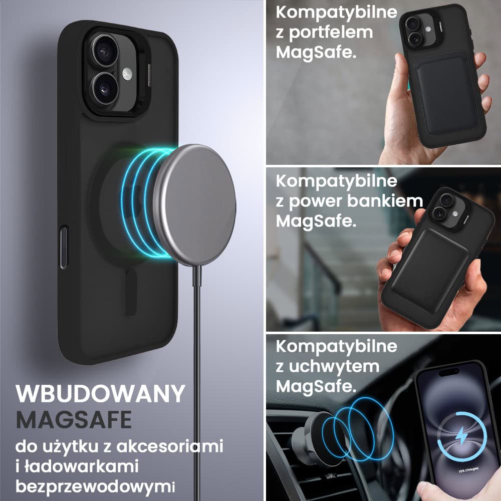 Etui do iPhone 16 Plus Arctic Stand, półprzeźroczyste, z osłoną aparatu i podstawką, czarne