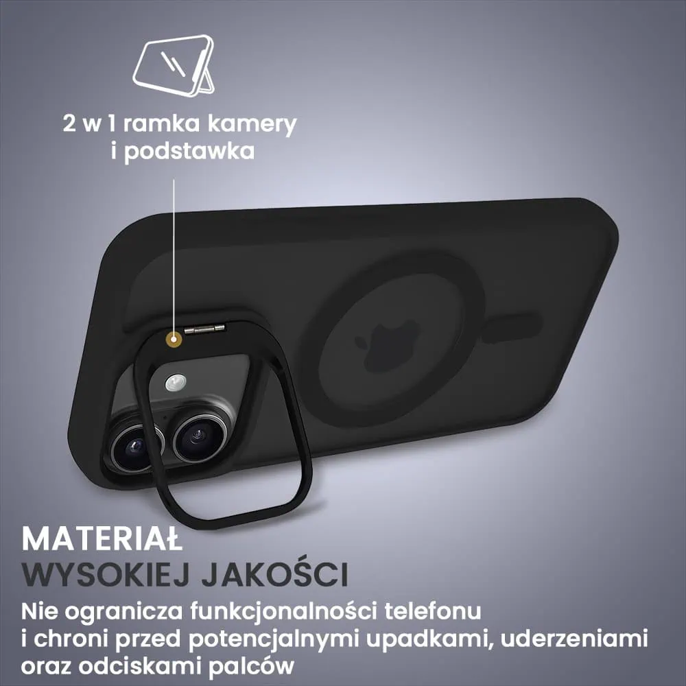 Etui do iPhone 16 Plus Arctic Stand, półprzeźroczyste, z osłoną aparatu i podstawką, czarne